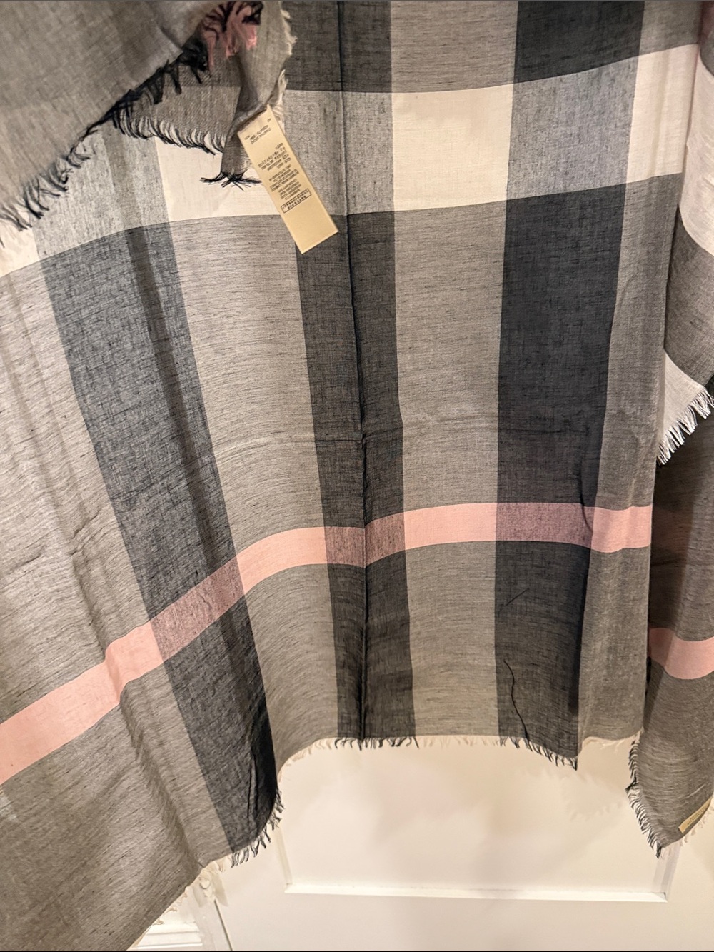NWOT. Burberry Black Gray Check Modal Wool Square Scarf - Picture 7 of 13
